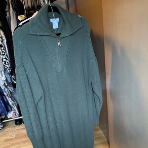 525 America Olive Knit Sweater Dress with Zip Collar